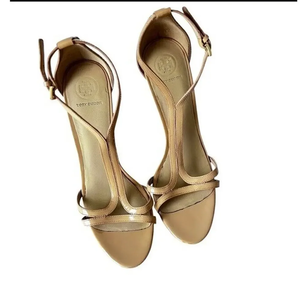 Tory Burch Shelley Heels Nude T Strap Stiletto Patent Leather Womens Size 9